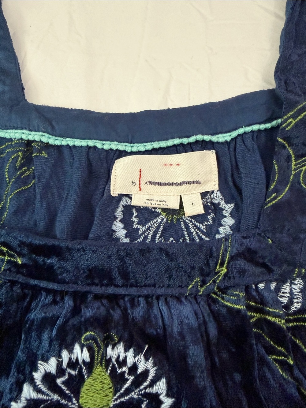 ANTHROPOLOGIE Velvet Embroidered Blouse Blue L - Picture 6 of 10
